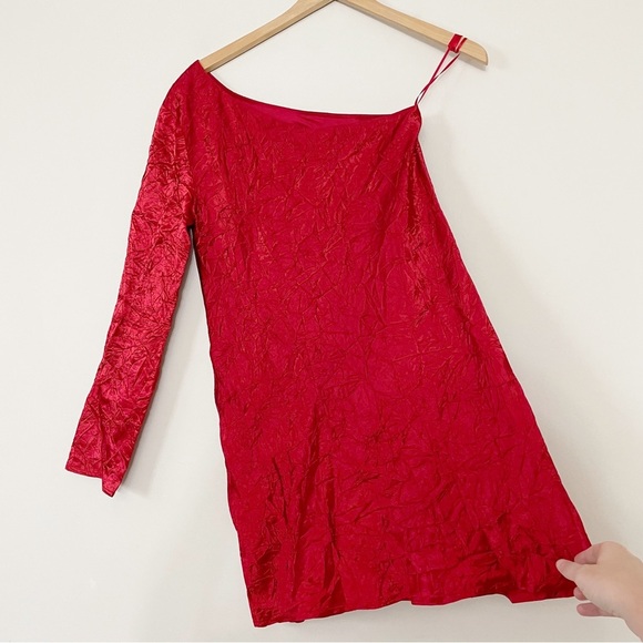 Third Form x Free People Red Crinkle Satin Running Water One Shoulder Mini dress - Picture 10 of 12